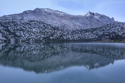 Scenic view of lake and mountains against sky