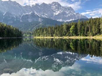 Scenic view of lake and mountains against sky