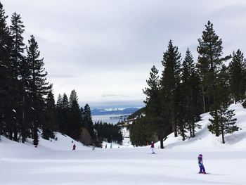 Man skiing on snow covered landscape against sky