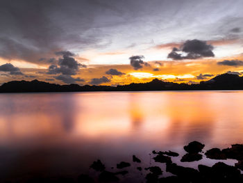 Scenic view of lake against sky during sunset