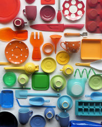 High angle view of various kitchen utensils on table 