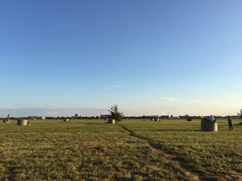 Scenic view of agricultural field against clear blue sky