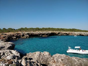 Scenic view of sea against clear blue sky