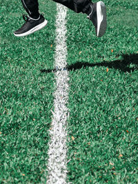 Low section of person jumping across a line  on grass field