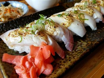 Close-up of sushi served in plate