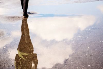 Low section of person reflecting on puddle