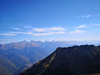 Scenic view of mountains against blue sky