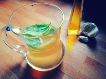 High angle view of tea in jar on table