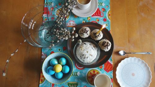 High angle view of breakfast on table