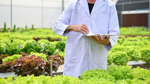 Midsection of doctor standing amidst plants