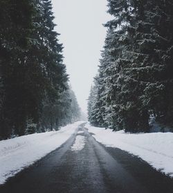 Road amidst trees against clear sky during winter