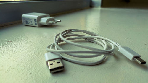 High angle view of telephone on table