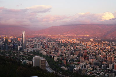 Aerial view of city during sunset