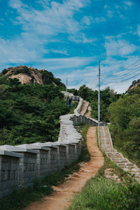 Built structure on landscape against cloudy sky