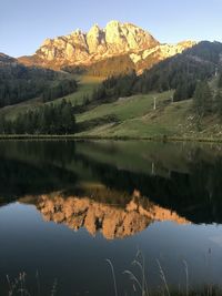 Scenic view of lake and mountains against sky