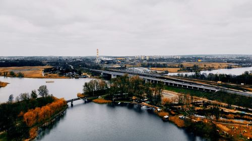 High angle view of buildings in city against sky