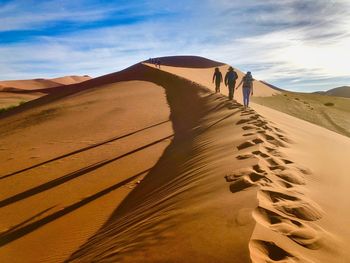 Rear view of friends walking on desert against sky