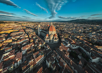High angle view of townscape against sky during sunset