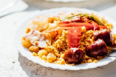 High angle view of food in plate on table