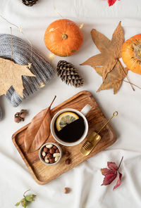 Hot tea with lemon and nuts on wooden tray surrounded with autumn leaves and sweaters, flat lay