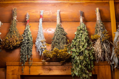 Panoramic shot of various fruits hanging in row