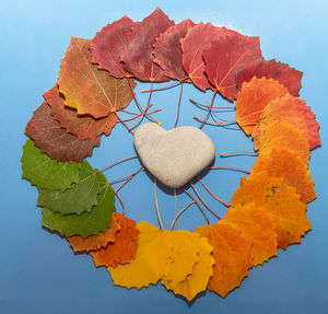 Close-up of heart shape autumn leaf against sky