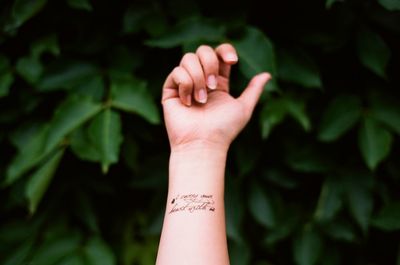 Cropped hand of woman tattoo against leaves