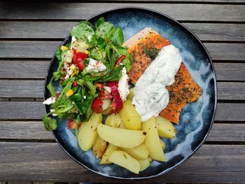 High angle view of meal served in bowl on table