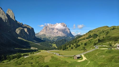 Panoramic view of landscape and mountains against clear blue sky