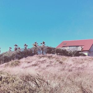 Low angle view of house against clear blue sky