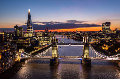 Illuminated bridge over river during sunset