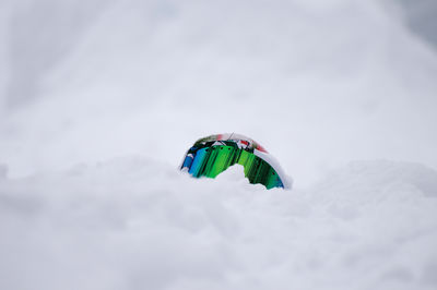 Close-up of ski goggles on snow covered field