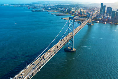 View of suspension bridge over sea