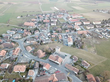 High angle view of houses and buildings in city