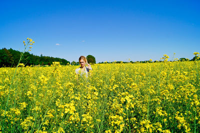 Woman standing amidst yellow flowers against clear blue sky