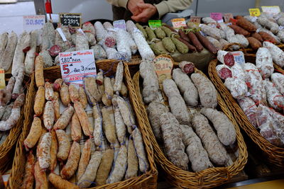 High angle view of sausages for sale at market stall