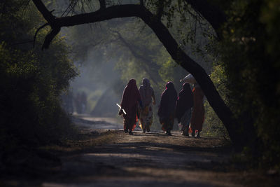 Rear view of people walking outdoors