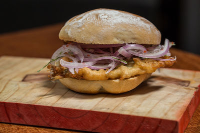 Close-up of burger on table