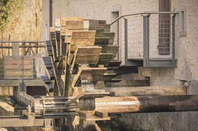 Close-up of wooden watermill