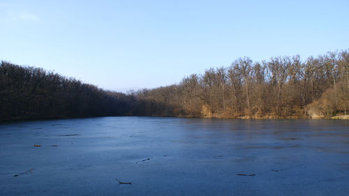 Scenic view of lake against clear blue sky