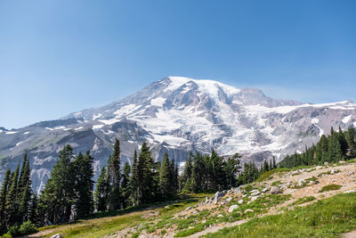 Scenic view of snowcapped mountains against clear blue sky