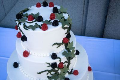Close-up of cake served on table