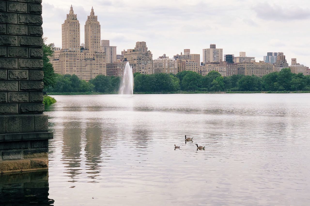 VIEW OF BUILDINGS BY LAKE