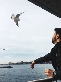 Seagull flying over sea against sky