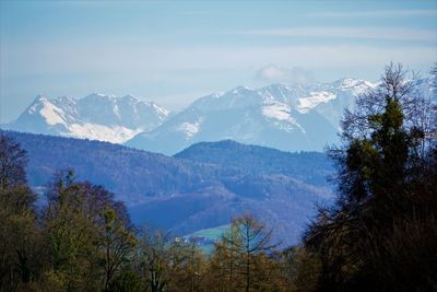 Scenic view of snowcapped mountains against sky