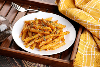 High angle view of food in plate on table