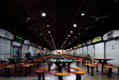 Empty chairs and tables in restaurant