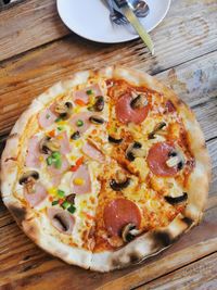 High angle view of pizza on table