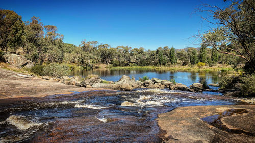 Scenic view of lake against clear blue sky