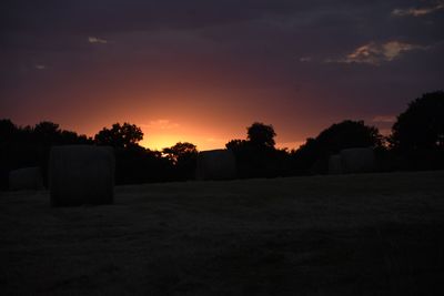 Silhouette trees on field against sky during sunset